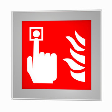 Brandschutzzeichen nach der aktuellen Form der ASR A1.3: Brandmelder, im Glasrahmen. 3d render