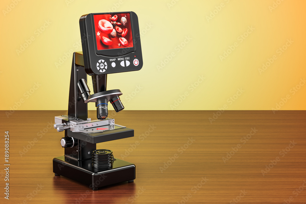 Poster digital modern microscope with screen on the wooden table. 3d rendering
