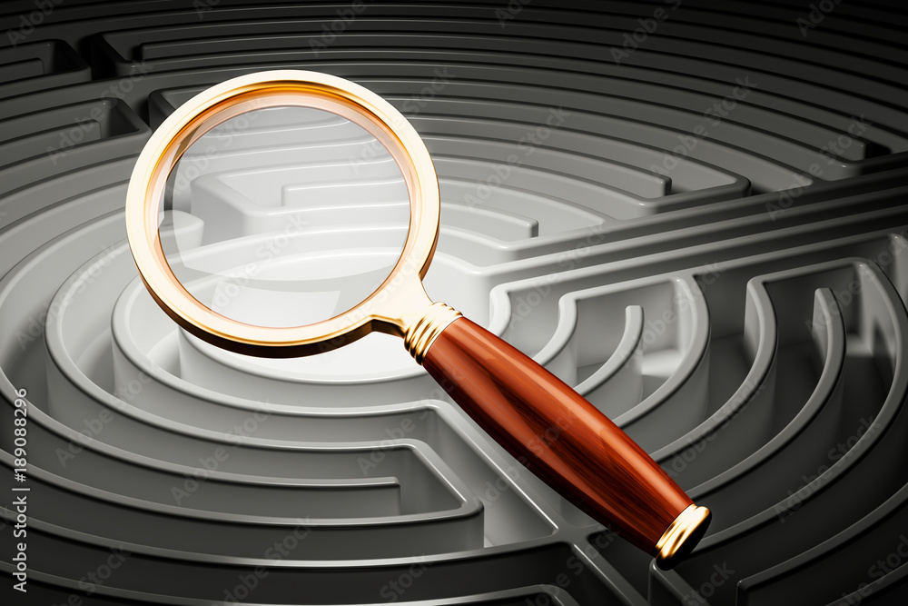 Poster finding solutions concept, maze with magnifier, 3d rendering