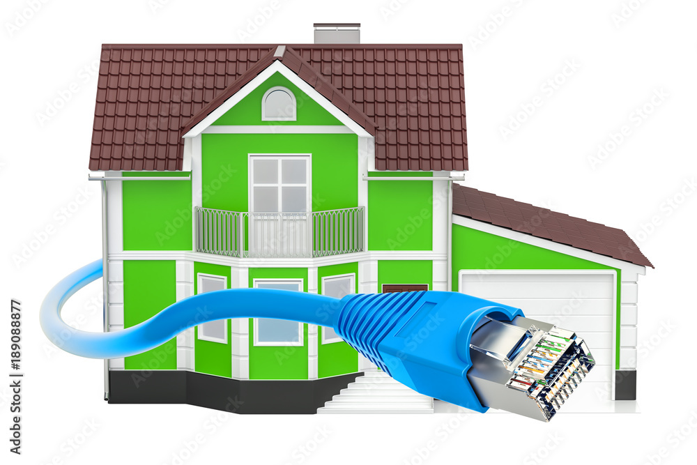 Poster internet connection concept, house with lan cable. 3d rendering