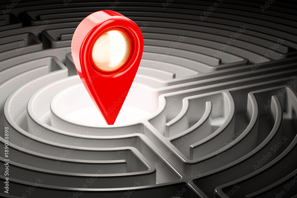 Poster map pointer inside labyrinth maze. 3d rendering