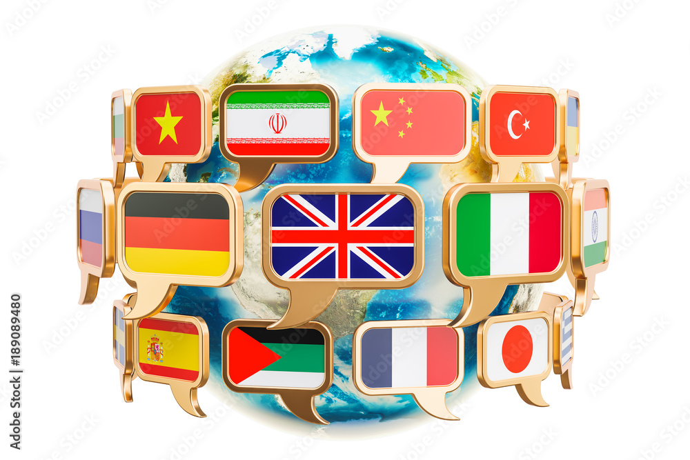 Poster speech bubble with flags around earth globe, 3d rendering