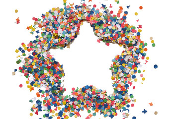 a star shape made from multi-colored confetti on a white background isolated