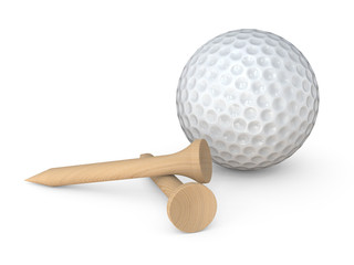 Golf Ball and tees. Classic white Golf Ball and 2 wooden tees pegs on white background. 3d Render.