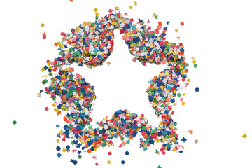 a star shape made from multi-colored confetti on a white background isolated