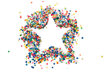 a star shape made from multi-colored confetti on a white background isolated