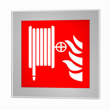 Brandschutzzeichen nach der aktuellen Form der ASR A1.3: Löschschlauch, im Glasrahmen. 3d render