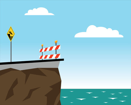 end of the road with road sign and barrier, danger of falling into the sea 