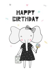 Happy birthday - hand drawn nursery birthday poster with little elephant and cut out lettering in scandinavian style.