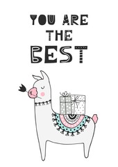 You are the best - hand drawn nursery birthday poster with little llama and cut out lettering in scandinavian style.