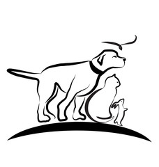 Dog, cat, and bird, line art vector