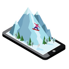Isometric vector woman pulls off the mountain. Mobile navigation. Videos and photos keeped in phone memory. Snowboarding, winter sport. Olimpic games, recreation lifestyle, activity speed extreme