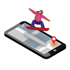 Isometric vector woman has boarding in city. Urban style and hot tricks in park. Videos and photos keeped in phone memory. Snowboarding, winter sport. Olimpic games, activity speed extreme