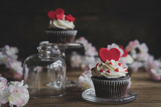 Served cupcake on the decorated table,selective focus and Valentines day