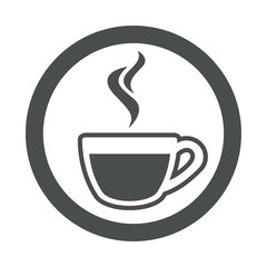 Icono plano taza cafe humeante en circulo color gris