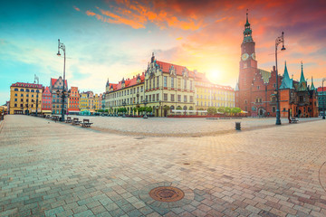 Spectacular morning scene in Wroclaw on Market Square, Poland, Europe - obrazy, fototapety, plakaty