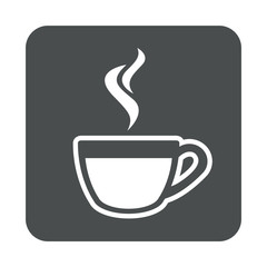 Icono plano taza cafe humeante en cuadrado gris