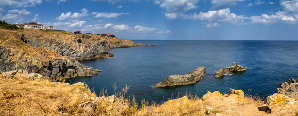 Coastal landscape banner, panorama - the rocky seashore, near city of Sozopol in Bulgaria