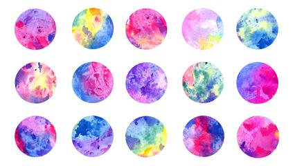 Circles abstract grunge watercolor colorful splashes collection, isolated set hand painted watercolor illustration