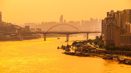 Yangtze River with morning haze at sunrise time, Chongqing, China.