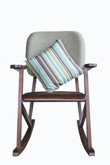 Beautiful modern wooden chair with fabric pillow on white background.