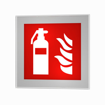 Brandschutzzeichen nach der aktuellen Form der ASR A1.3: Feuerlöscher, im Glasrahmen. 3d render
