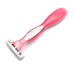 Pink lady shaver on white background. Flat lay, top view