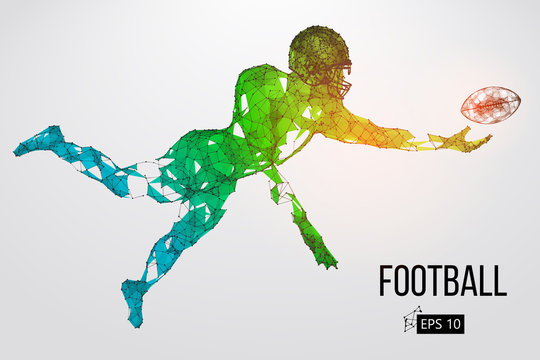 Silhouette of a football player. Dots, lines, triangles, text, color effects and background on a separate layers, color can be changed in one click. Vector illustration