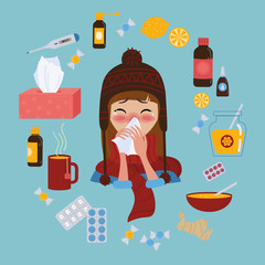 Young girl in red hat and scarf caught cold flu or virus. She has red nose, high temperature and holds napkin. Ways to treat illness. Pills, honey, tea, medicine. Vector isolated objects on background