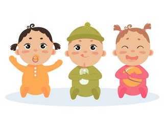 Cute vector set of three babies smiling. Baby triplets sitting in footies cloth. Newborn girl with comforter, another baby girl with ball and boy with milk bottle. Vector illustration