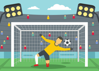 Fototapeta premium Soccer goalkeeper on stadium concept. Flat illustration of soccer goalkeeper on stadium vector banner horizontal concept for web