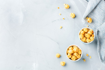 Sweet caramel popcorn for party or cinema at home