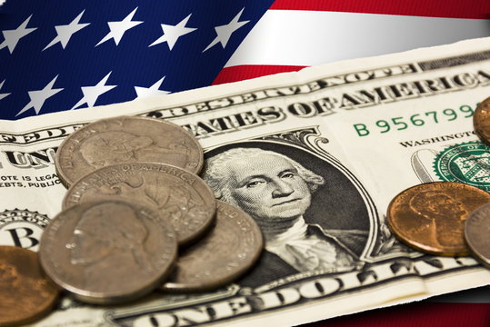 American coints and banknotes on the flag. Abstract illustration.