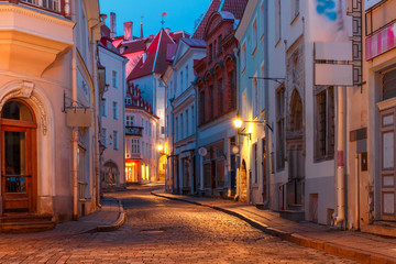 Fototapeta na wymiar Beautiful illuminated medieval street in Old Town of Tallinn during evening blue hour, Estonia