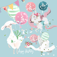 Cute flying baby animals - llama, alpaca, unicorn and swan. Llama with balloons, unicorn with tied bow and swan with festive flags. Happy Birthday clipart set