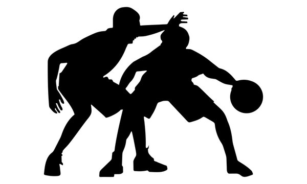 two basketball players scrambling for the ball 