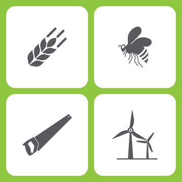 Vector Illustration Set Of Simple Farm and Garden Icons. Elements wheat, Bee, saw, wind power