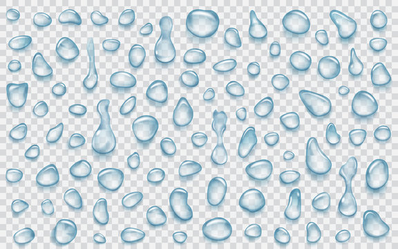 Set of light blue translucent water drops of different shapes with shadows, isolated on transparent background. Transparency only in vector format