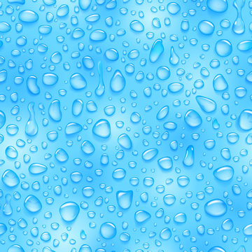 Seamless pattern of water drops of different shapes with shadows in light blue colors