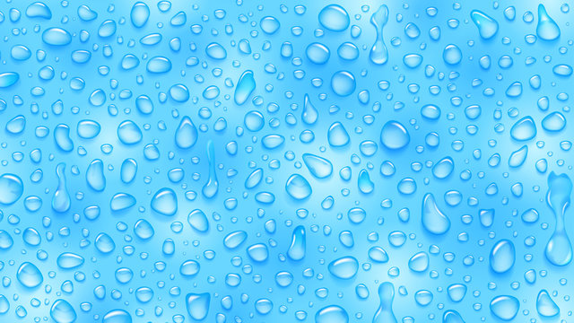 Background of water drops of different shapes with shadows in light blue colors