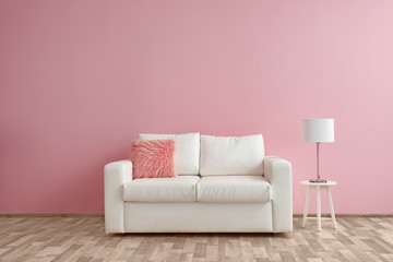 Living room interior with comfortable couch