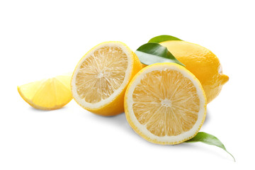 Fresh ripe lemons with leaves on white background