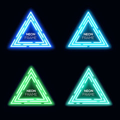 Neon light triangles set. Shining techno frame collection. Night club electric bright 3d banners design on dark blue backdrop. Neon abstract tech background with glow. Technology vector illustration.