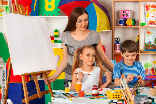 "Kids playroom organization of children painting and drawing in kid's