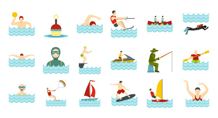 Water activities icon set, flat style