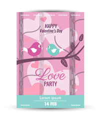 Valentine's Day  poster template. .Cute bird couple together in the jungle background Design base on A3 size. vector illustration