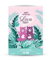 Valentine's Day  poster template. .Cute bear couple together in the jungle background Design base on A3 size. vector illustration
