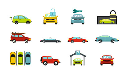 Cars icon set, flat style