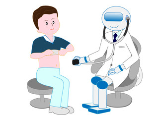 人工知能を持つロボットの医者から治療を受けている患者