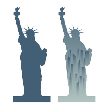 Statue of Liberty and the cityscape in New York. Vector.